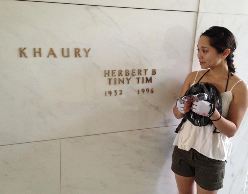 Kim Sueoka visits the grave of Herbert Khaury (Tiny Tim), Lakewood Cemetery, Minneapolis